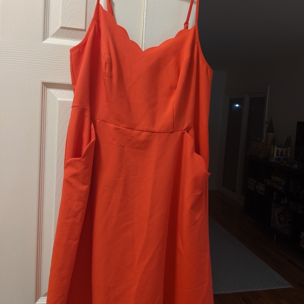 Neon orange, open back with two snap closure dress